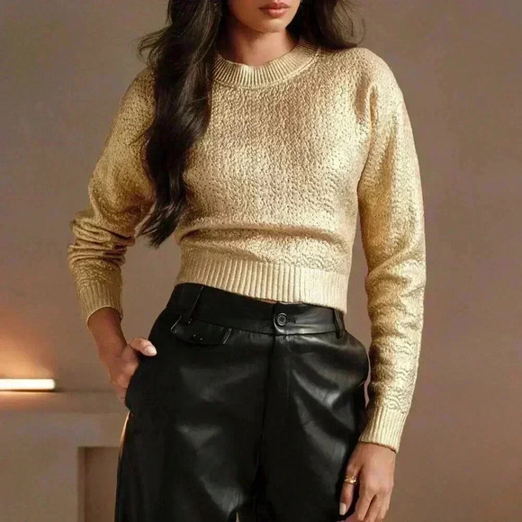 Gold Casual Women's Spray Coated Crew Neck Long Sleeve Minimalist Sweater - Picture 8 of 9